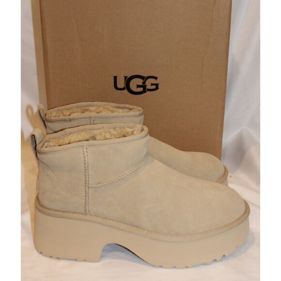 UGG WOMEN NEW HEIGHTS‎ ULTRA MINI PLATFORM SUEDE SHEARLING LINED BOOTS MUSTARD - Picture 1 of 7